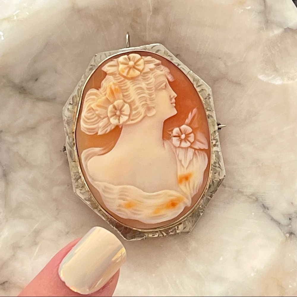 Solid 14K Antique white gold cameo Art Deco Goddess Victorian Pendant brooch pin - Picture 7 of 17